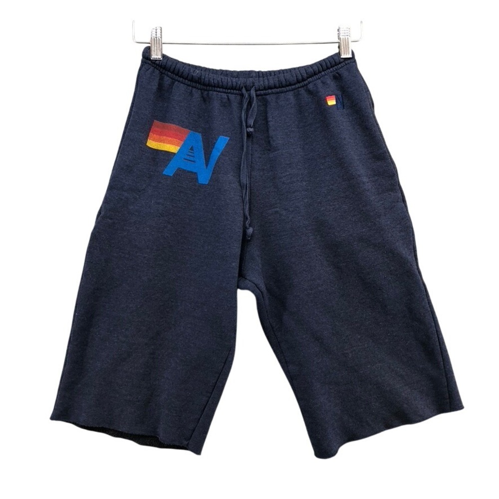 Aviator Nation Sweat Shorts Mens Medium Navy Blue Rainbow Logo Raw Hem USA Made